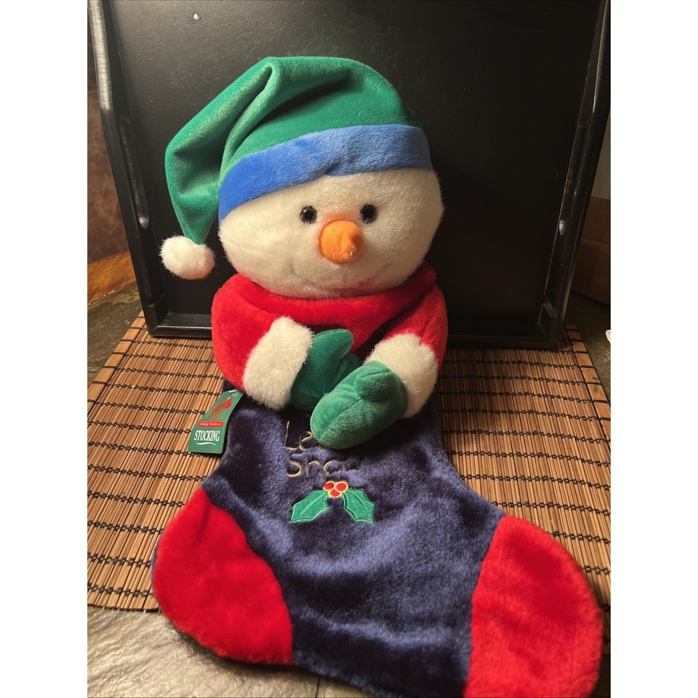Vtg PRIMA CREATIONS Red Christmas Stocking Snowman Plush With Blue Green Hat